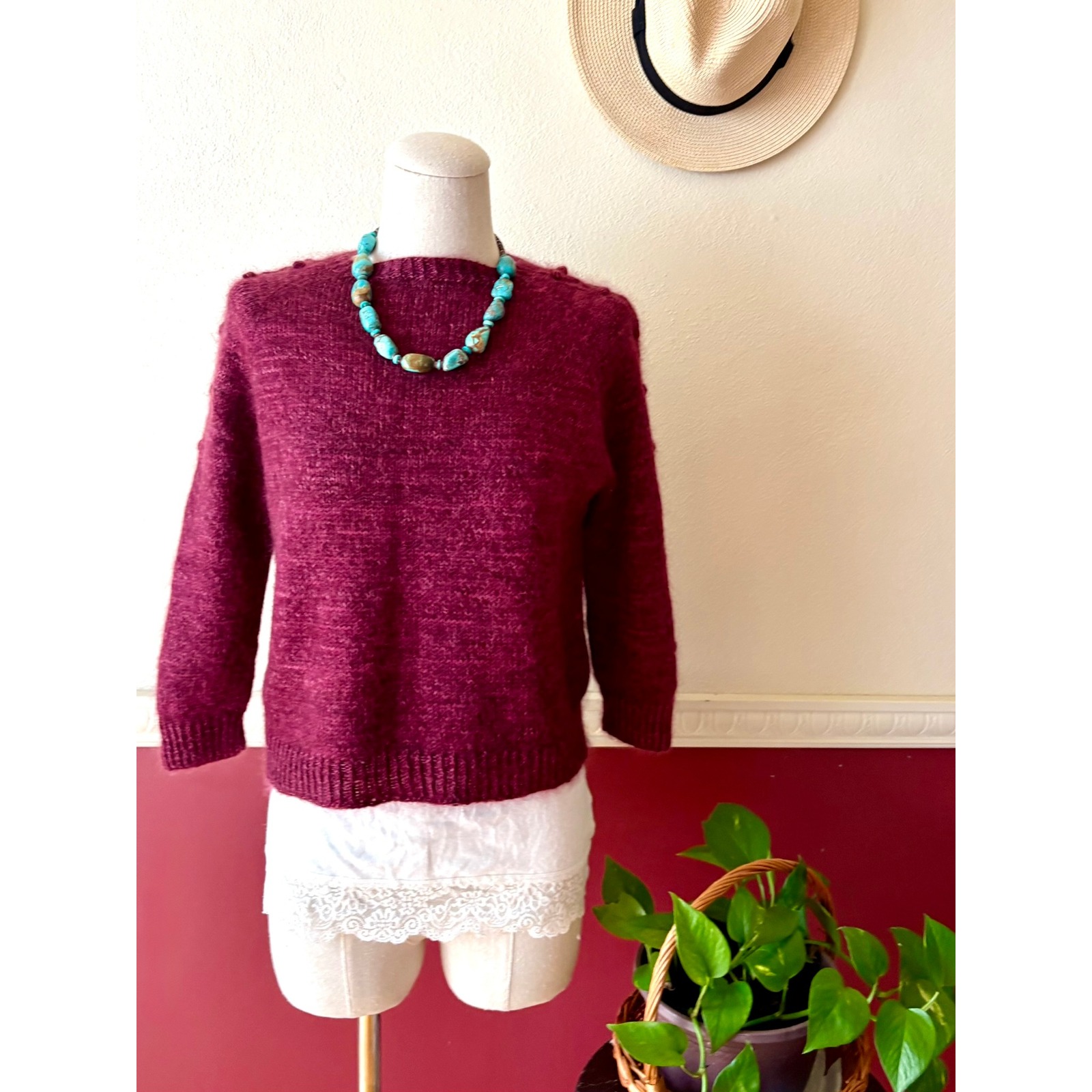 Handknit Burgundy Mohair Blend Bobble Sleeve Sweater Cropped Crewneck Pullover S
